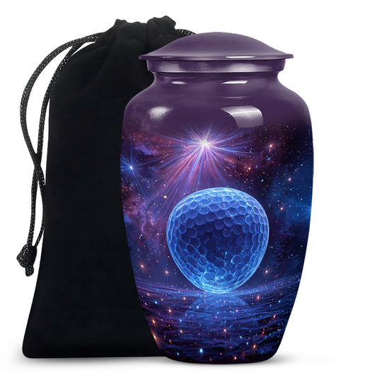 Amethyst Purple Golf Cremation Urn angled view of lid and engraved motif - classic sculpted golf pattern on smooth aluminum - full-size 10 inch 200 cubic inch adult cremation urn