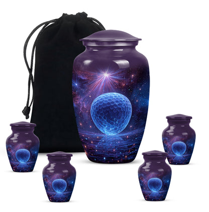 Twilight Purple Golf Cremation Urn top-down view of secure threaded lid - traditional golf engraving with hand-polished finish - memorial set with one large and four small urns
