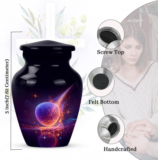 Pastel Blue Golf Cremation Urn close-up of engraving and surface detail - timeless golf motif etched into premium metal - mini keepsake memorial for portion of cremation ashes