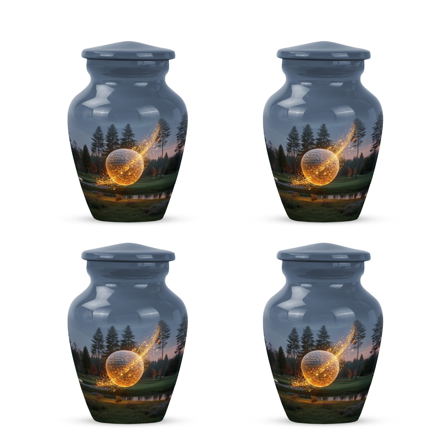Royal Blue Golf Cremation Urn side profile showing urn shape - elegant classic golf relief with fine detailing - 10 inch aluminum urn for cremated remains