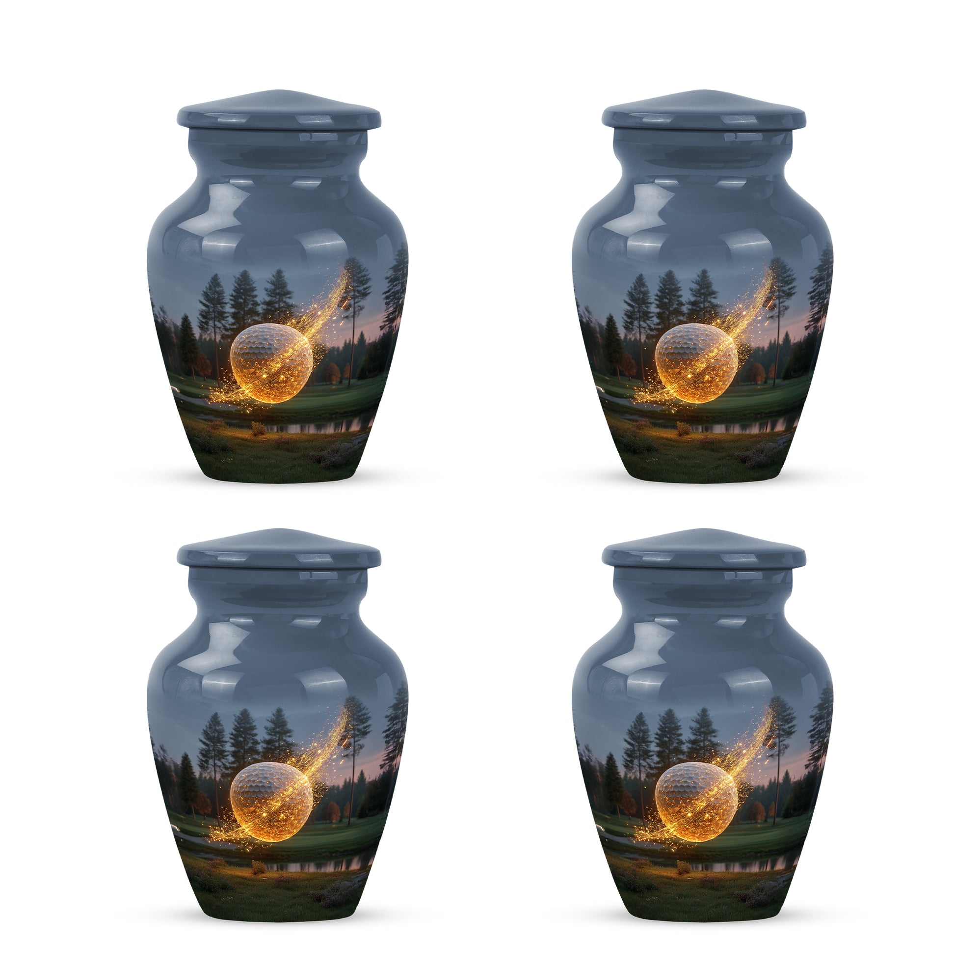 Royal Blue Golf Cremation Urn side profile showing urn shape - elegant classic golf relief with fine detailing - 10 inch aluminum urn for cremated remains