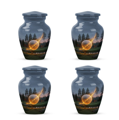 Royal Blue Golf Cremation Urn side profile showing urn shape - elegant classic golf relief with fine detailing - 10 inch aluminum urn for cremated remains