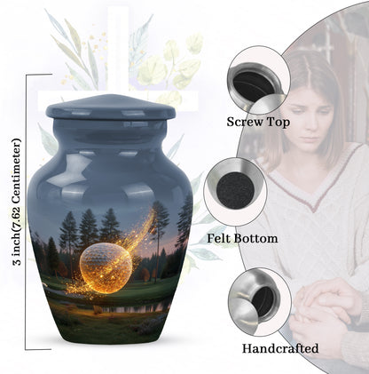 Indigo Golf Cremation Urn close-up of engraving and surface detail - timeless golf motif etched into premium metal - mini keepsake memorial for portion of cremation ashes