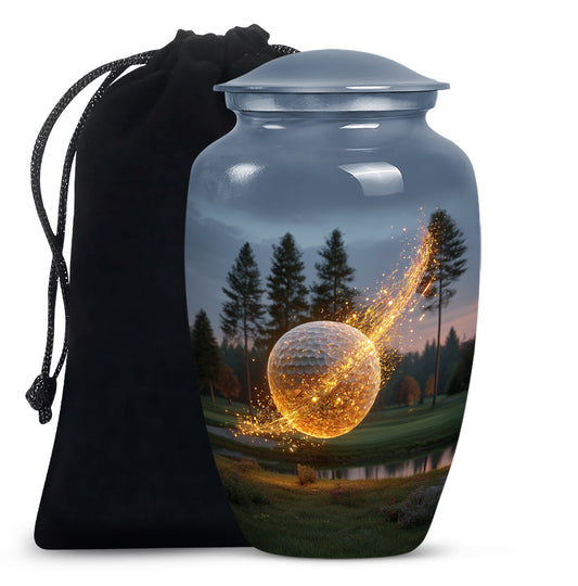 Sky Blue Golf Cremation Urn angled view of lid and engraved motif - classic sculpted golf pattern on smooth aluminum - full-size 10 inch 200 cubic inch adult cremation urn