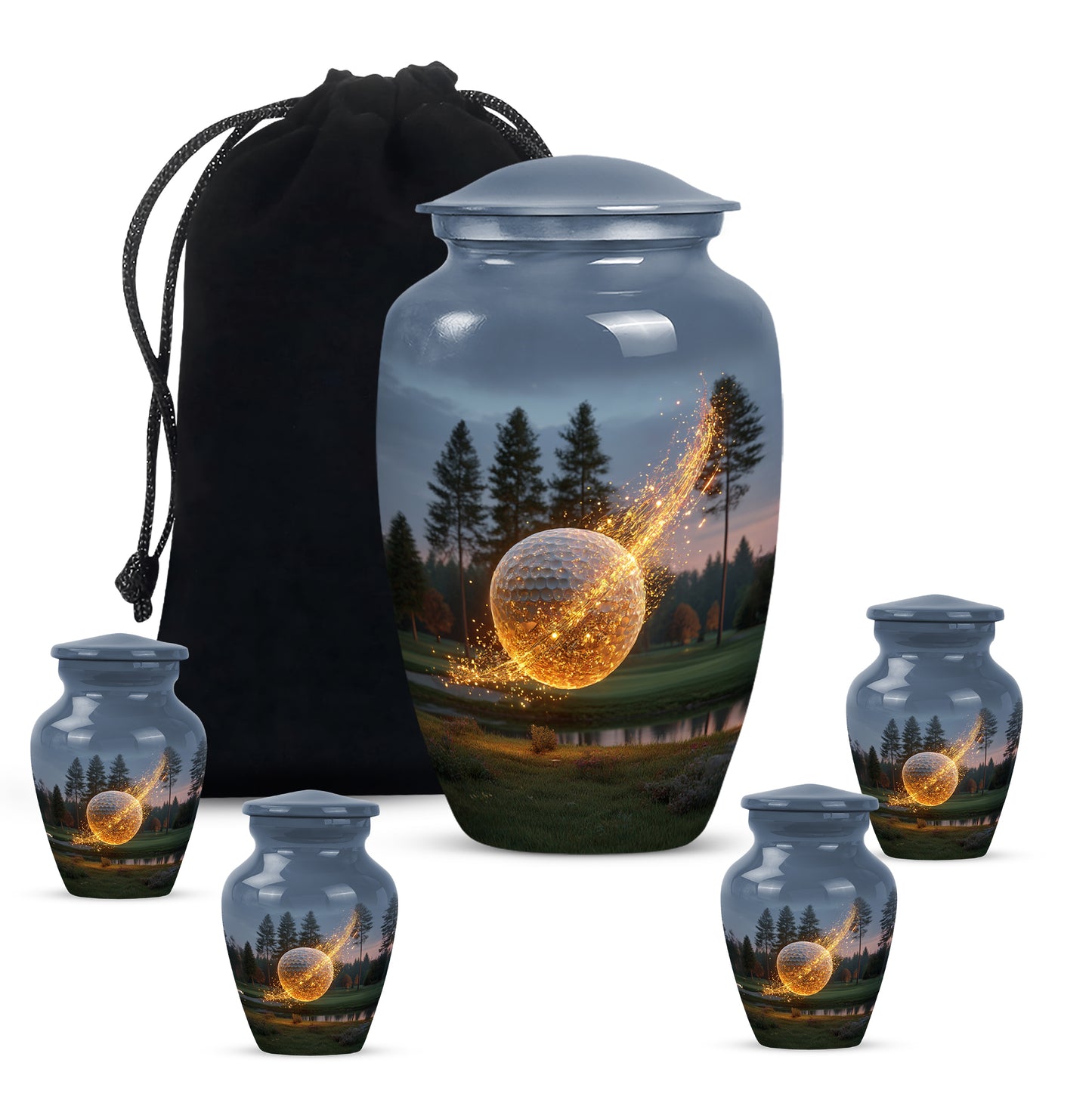 Cornflower Blue Golf Cremation Urn top-down view of secure threaded lid - traditional golf engraving with hand-polished finish - memorial set with one large and four small urns