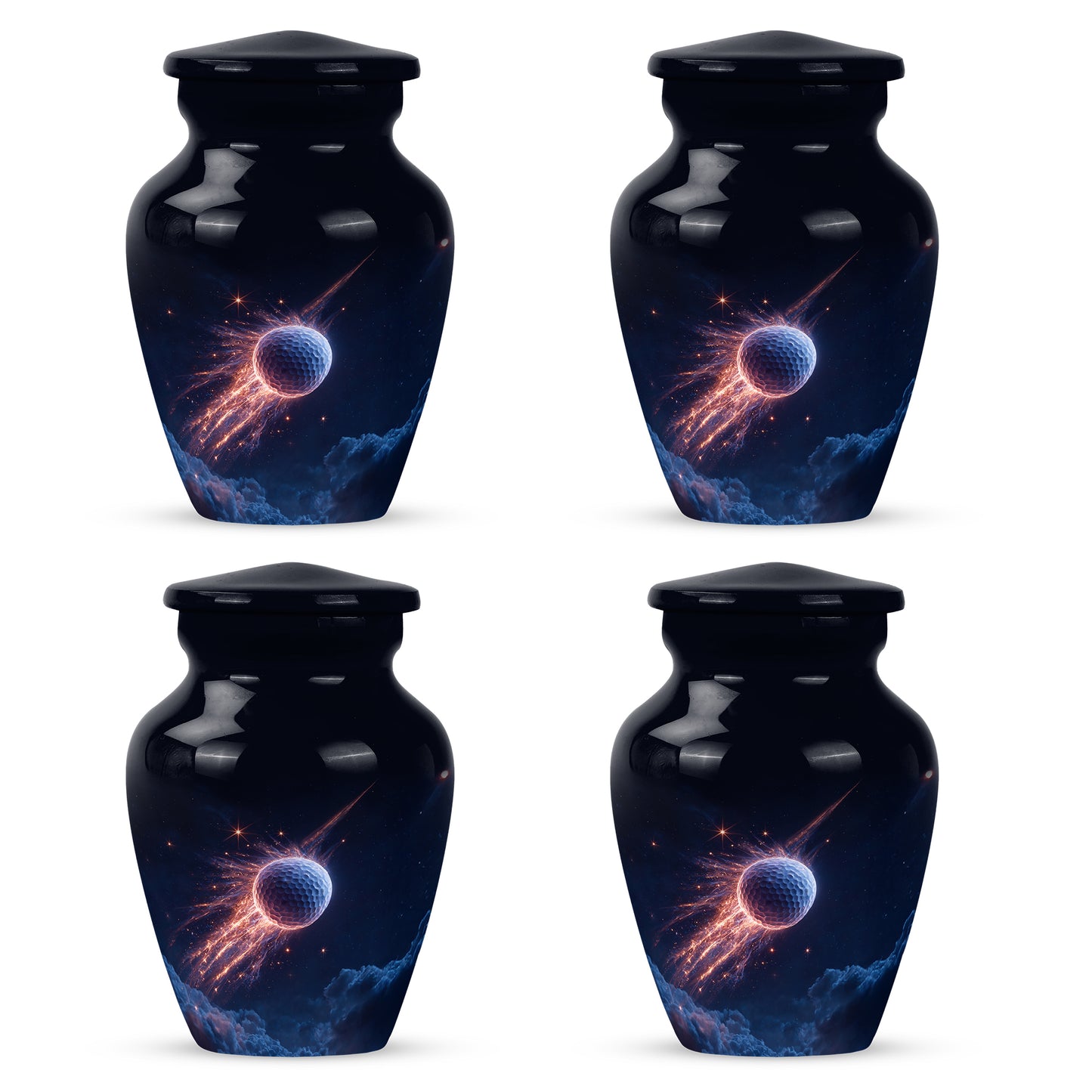 Serene Blue Golf Cremation Urn side profile showing urn shape - elegant classic golf relief with fine detailing - 10 inch aluminum urn for cremated remains