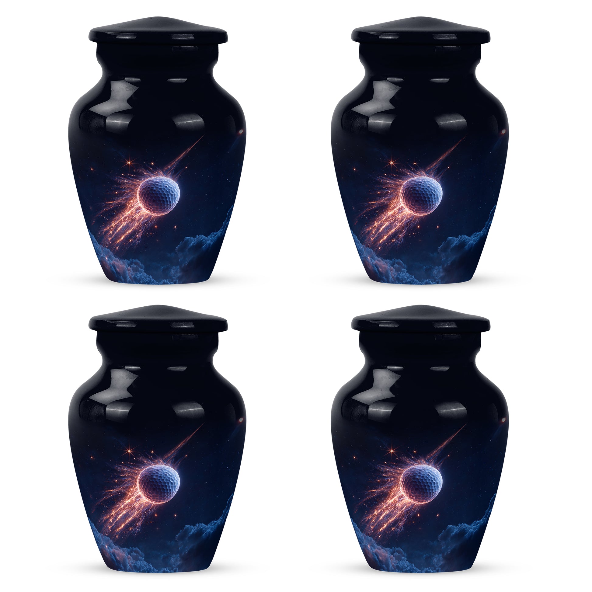 Serene Blue Golf Cremation Urn side profile showing urn shape - elegant classic golf relief with fine detailing - 10 inch aluminum urn for cremated remains