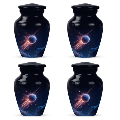Serene Blue Golf Cremation Urn side profile showing urn shape - elegant classic golf relief with fine detailing - 10 inch aluminum urn for cremated remains