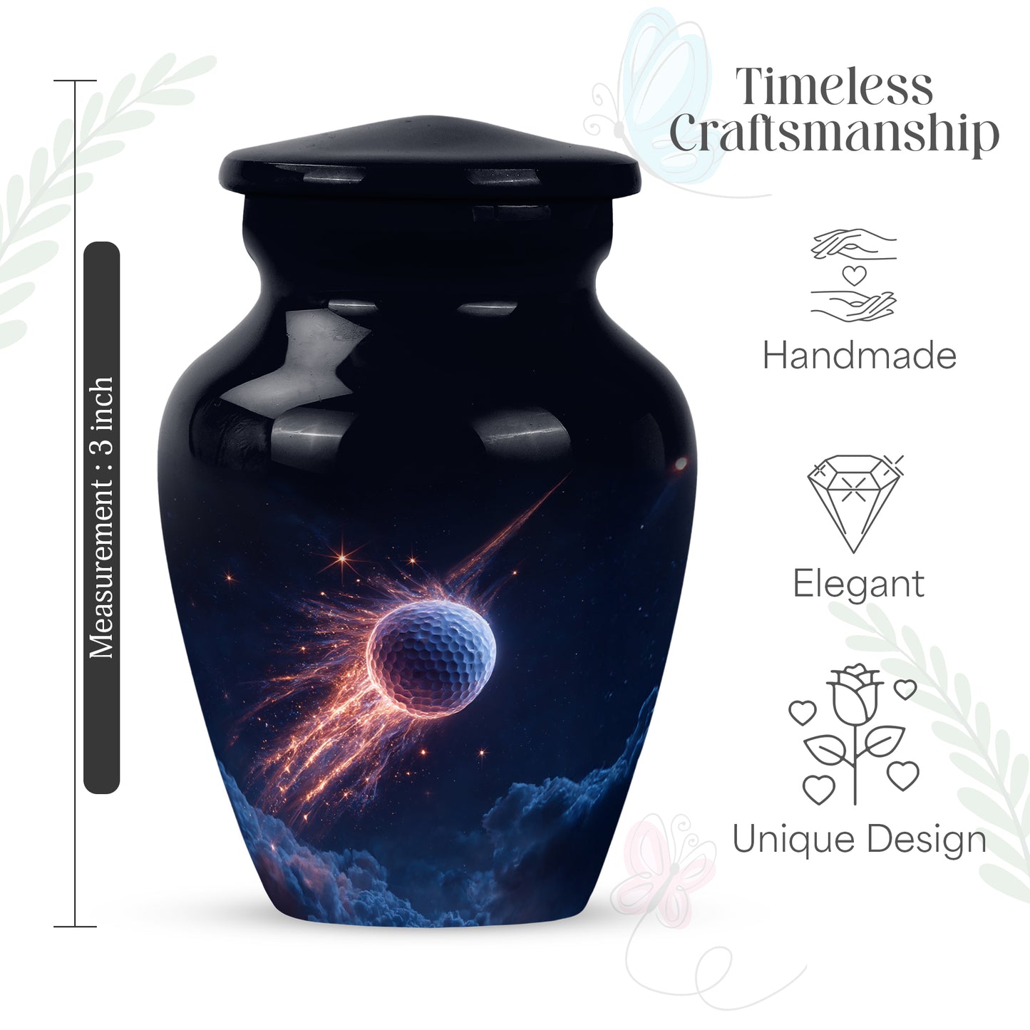 Azure Golf Cremation Urn close-up of engraving and surface detail - classic sculpted golf pattern on smooth aluminum - mini keepsake memorial for portion of cremation ashes