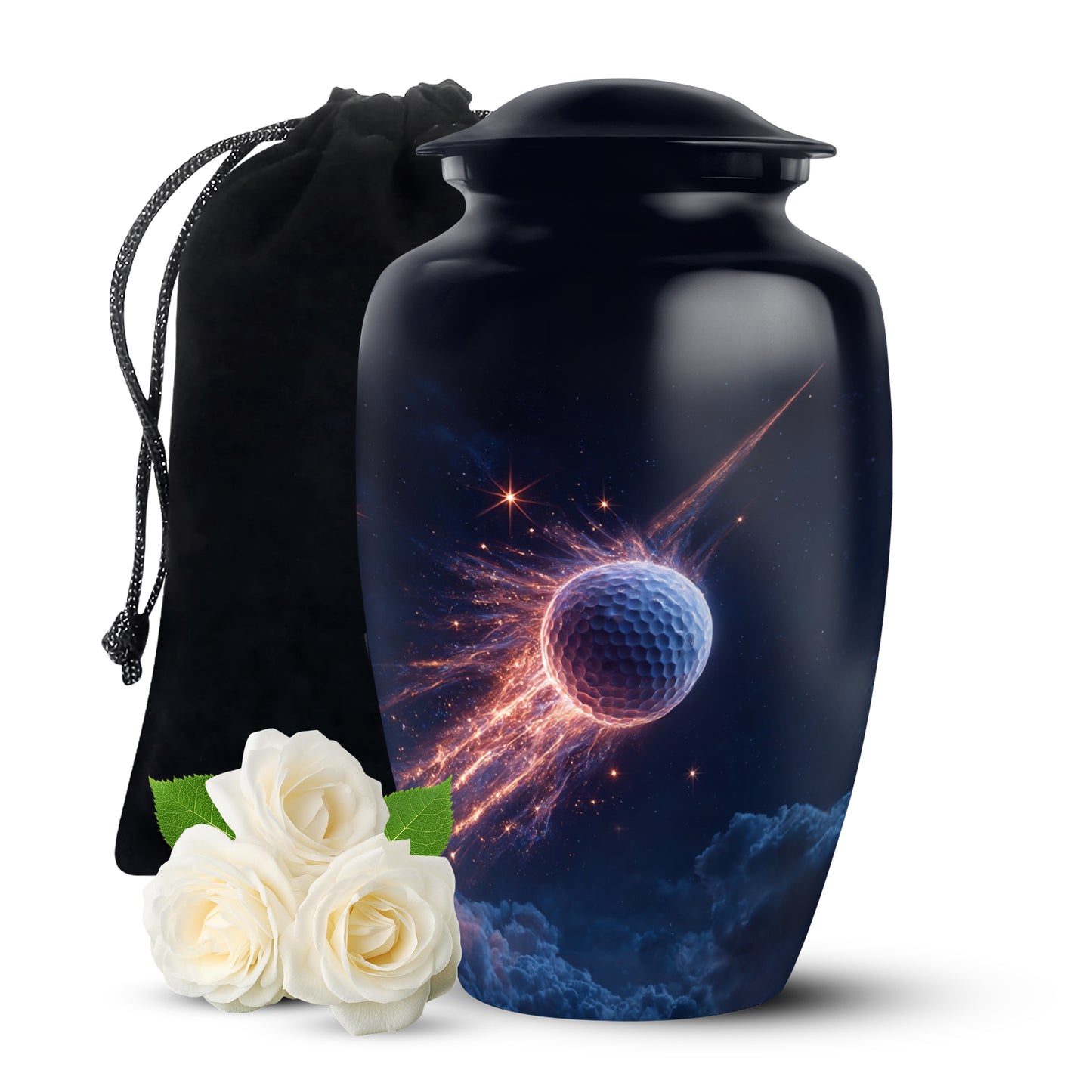 Steel Blue Golf Cremation Urn angled view of lid and engraved motif - elegant classic golf relief with fine detailing - full-size 10 inch 200 cubic inch adult cremation urn