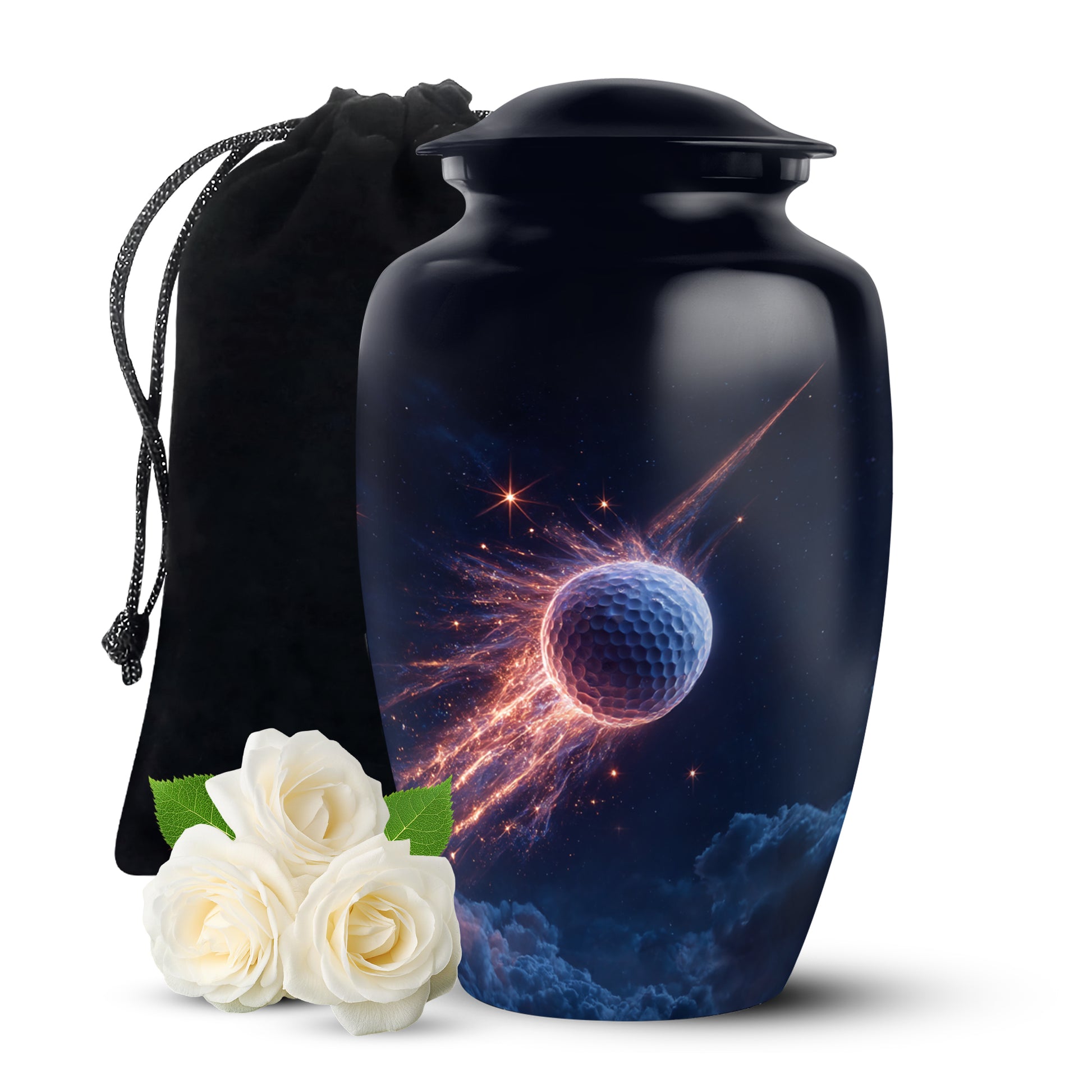 Steel Blue Golf Cremation Urn angled view of lid and engraved motif - elegant classic golf relief with fine detailing - full-size 10 inch 200 cubic inch adult cremation urn