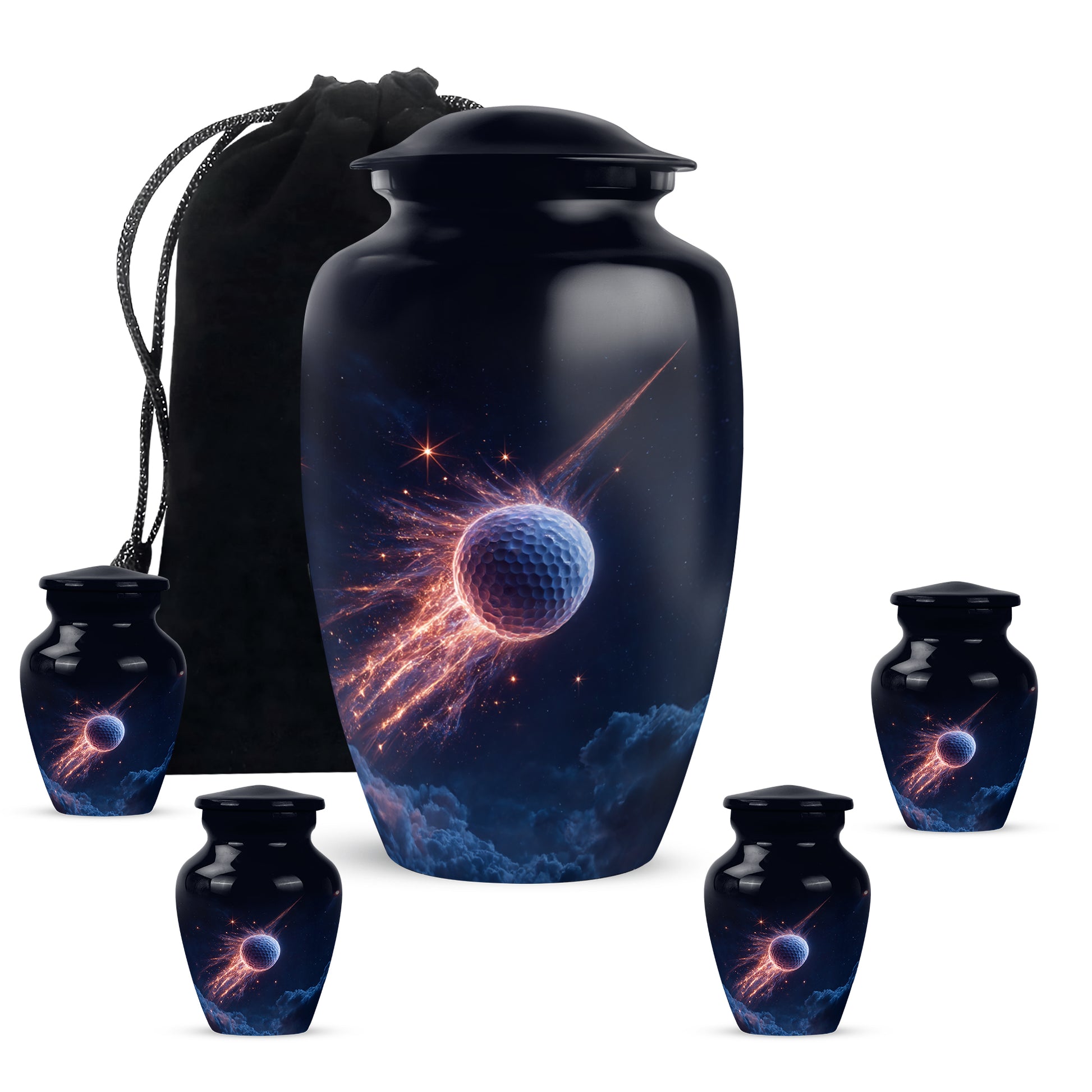 Calming Blue Golf Cremation Urn top-down view of secure threaded lid - traditional golf engraving with hand-polished finish - memorial set with one large and four small urns