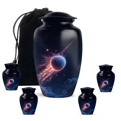 Calming Blue Golf Cremation Urn top-down view of secure threaded lid - traditional golf engraving with hand-polished finish - memorial set with one large and four small urns