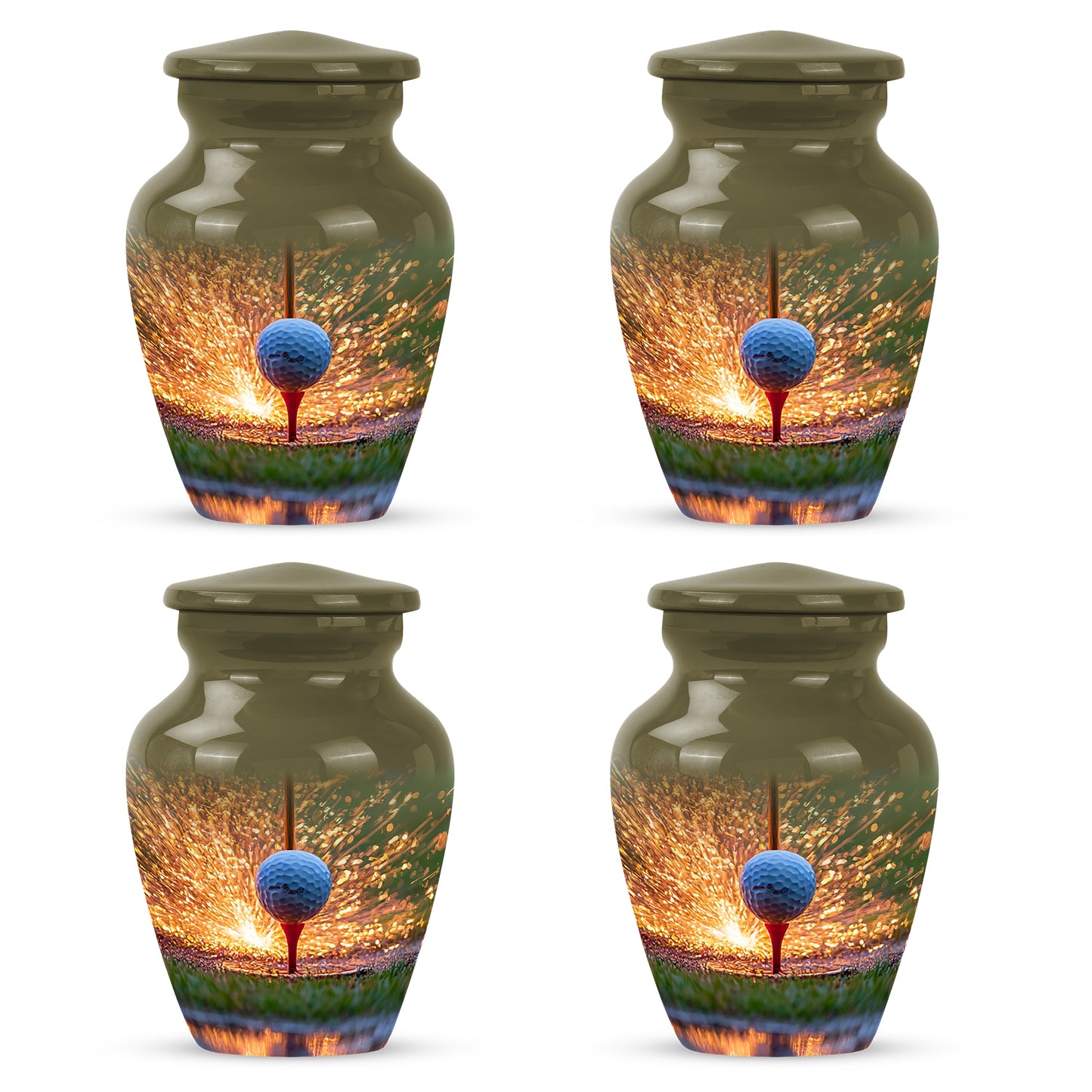 Matte Gold Golf Cremation Urn side profile showing urn shape - elegant classic golf relief with fine detailing - 10 inch aluminum urn for cremated remains