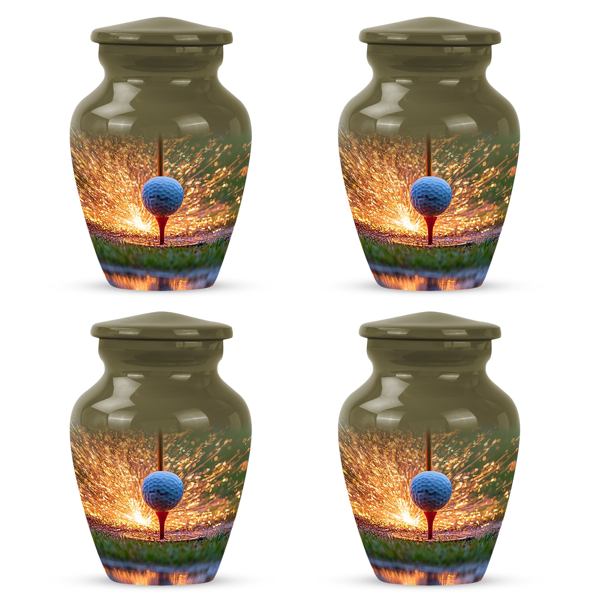 Matte Gold Golf Cremation Urn side profile showing urn shape - elegant classic golf relief with fine detailing - 10 inch aluminum urn for cremated remains