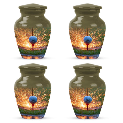 Matte Gold Golf Cremation Urn side profile showing urn shape - elegant classic golf relief with fine detailing - 10 inch aluminum urn for cremated remains