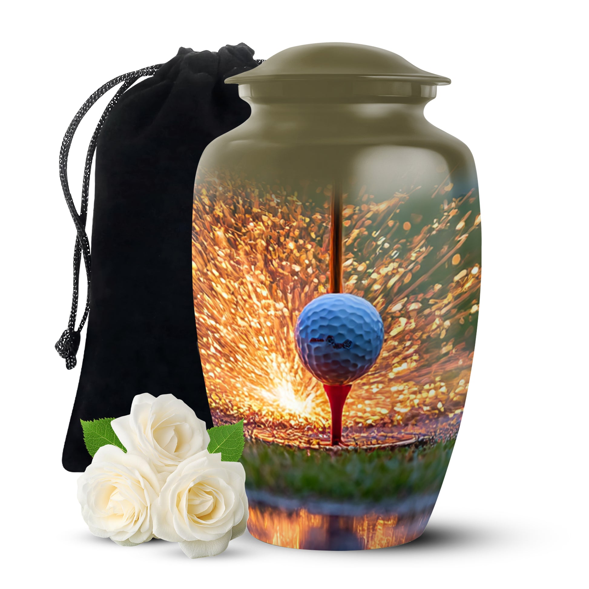Champagne Gold Golf Cremation Urn angled view of lid and engraved motif - classic sculpted golf pattern on smooth aluminum - full-size 10 inch 200 cubic inch adult cremation urn