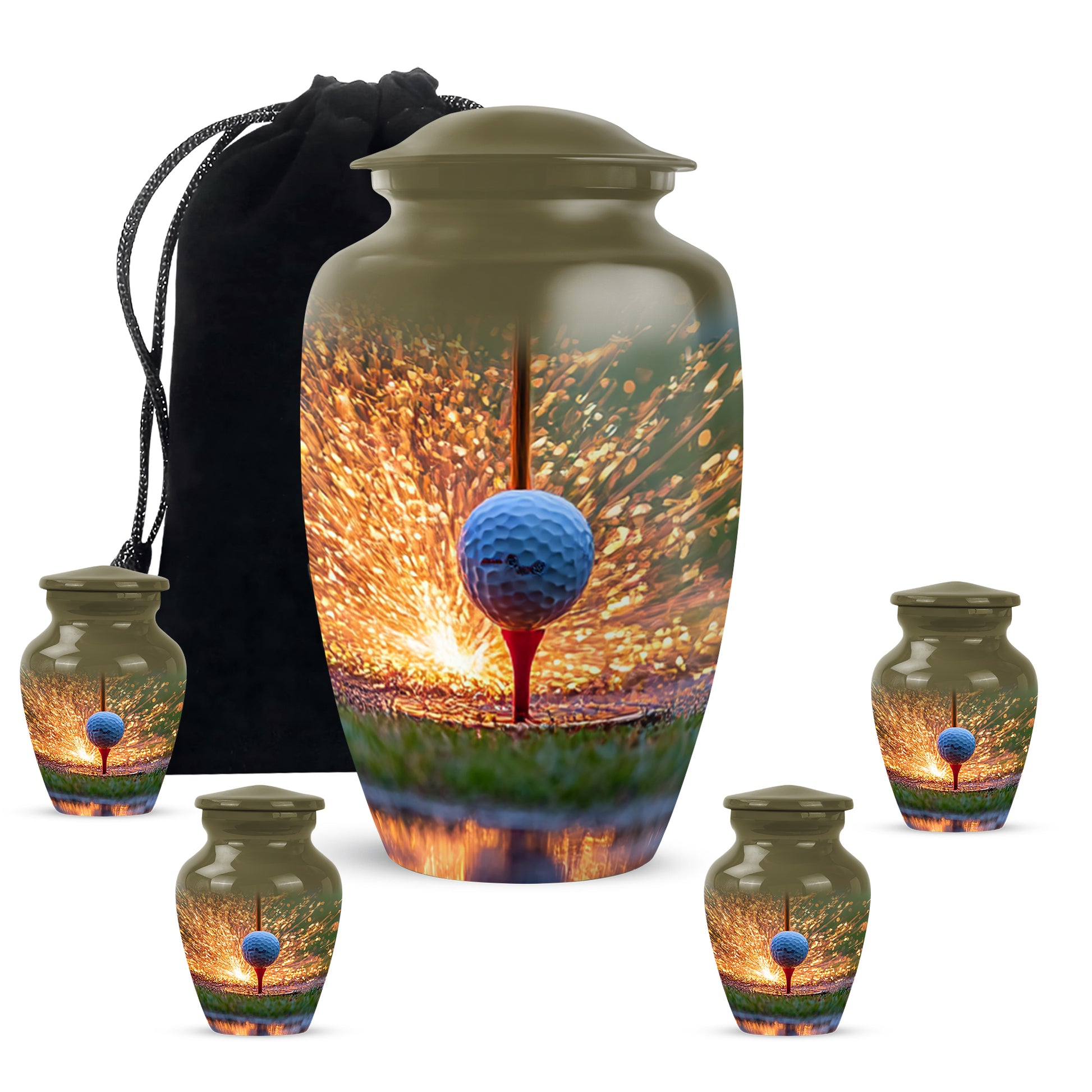 Burnished Gold Golf Cremation Urn top-down view of secure threaded lid - elegant classic golf relief with fine detailing - memorial set with one large and four small urns