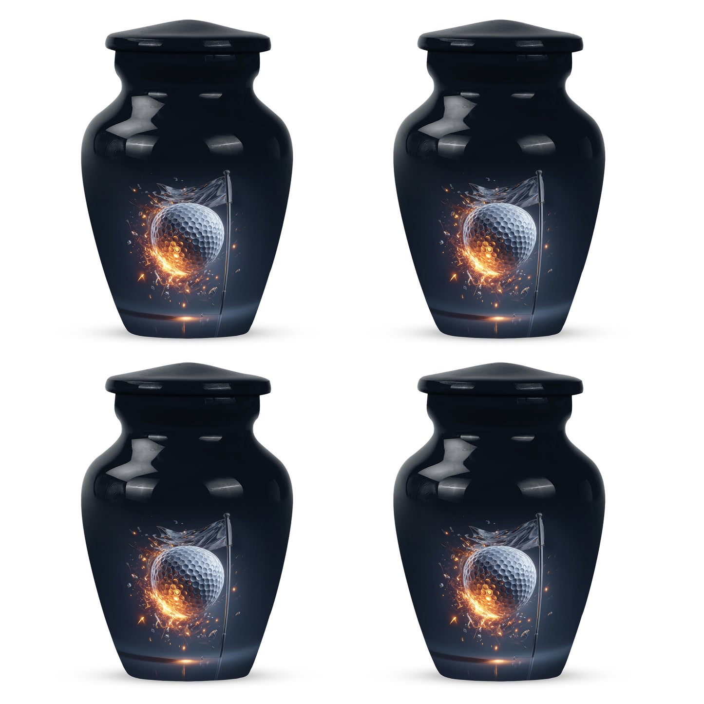 Calming Blue Golf Cremation Urn side profile showing urn shape - traditional golf engraving with hand-polished finish - 10 inch aluminum urn for cremated remains