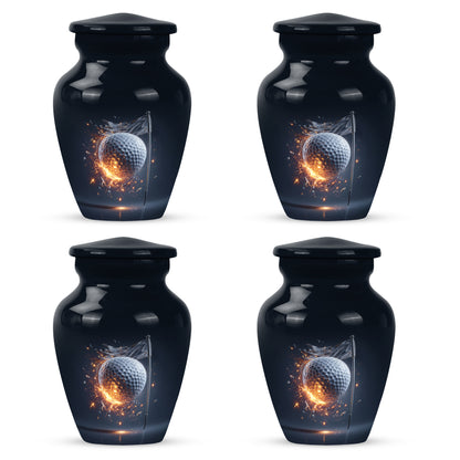 Calming Blue Golf Cremation Urn side profile showing urn shape - traditional golf engraving with hand-polished finish - 10 inch aluminum urn for cremated remains