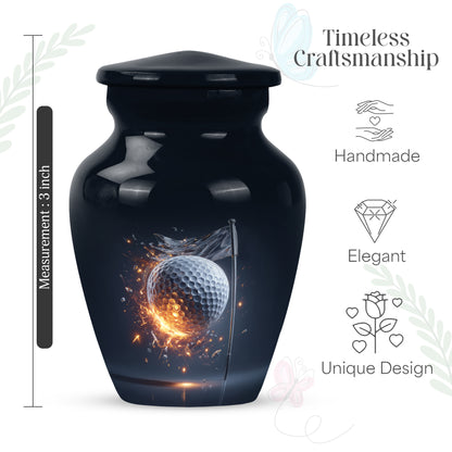 Misty Blue Golf Cremation Urn close-up of engraving and surface detail - classic sculpted golf pattern on smooth aluminum - mini keepsake memorial for portion of cremation ashes
