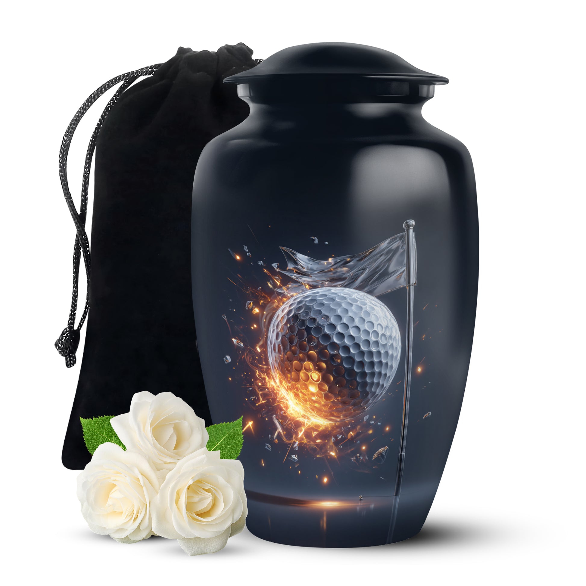 Sapphire Blue Golf Cremation Urn angled view of lid and engraved motif - elegant classic golf relief with fine detailing - full-size 10 inch 200 cubic inch adult cremation urn