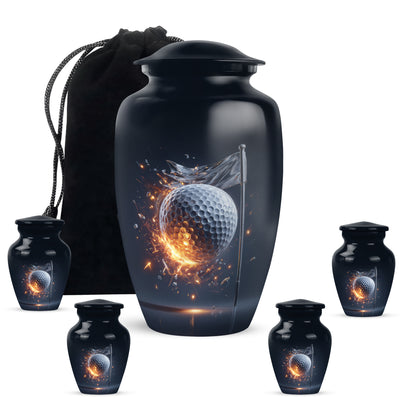 Dusty Blue Golf Cremation Urn top-down view of secure threaded lid - classic sculpted golf pattern on smooth aluminum - memorial set with one large and four small urns