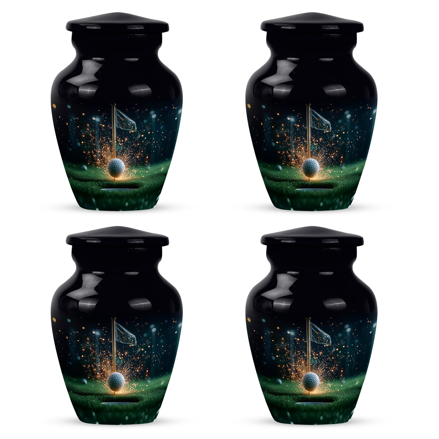 Onyx Black Golf Cremation Urn side profile showing urn shape - elegant classic golf relief with fine detailing - 10 inch aluminum urn for cremated remains