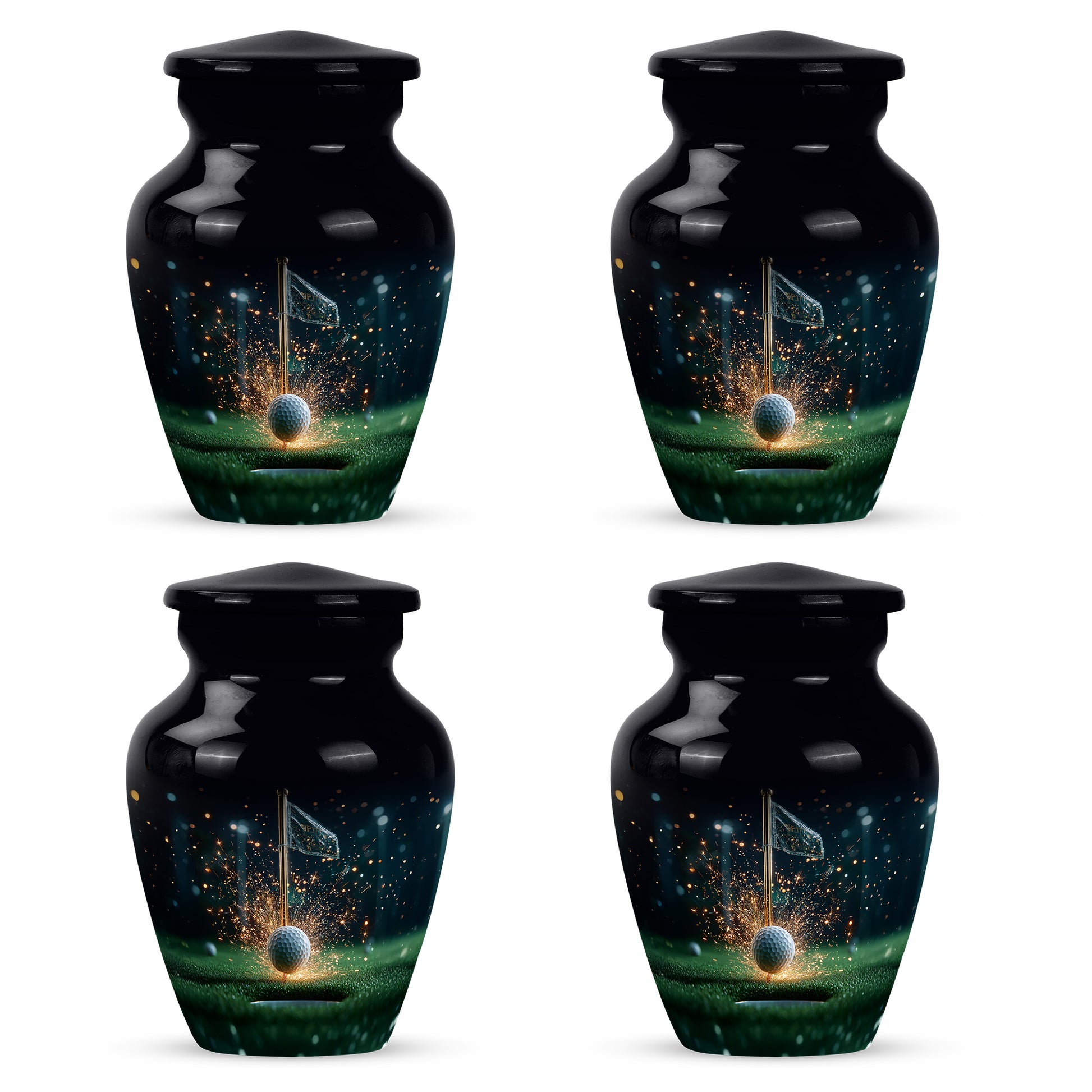Onyx Black Golf Cremation Urn side profile showing urn shape - elegant classic golf relief with fine detailing - 10 inch aluminum urn for cremated remains
