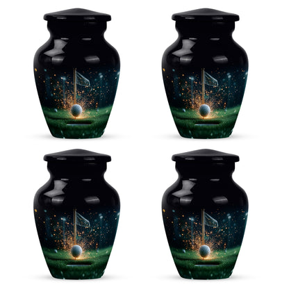 Onyx Black Golf Cremation Urn side profile showing urn shape - elegant classic golf relief with fine detailing - 10 inch aluminum urn for cremated remains