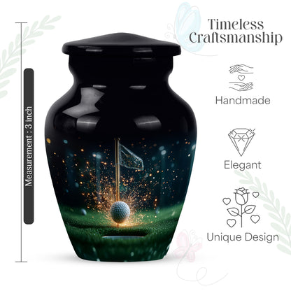 Dark Black Golf Cremation Urn close-up of engraving and surface detail - traditional golf engraving with hand-polished finish - mini keepsake memorial for portion of cremation ashes