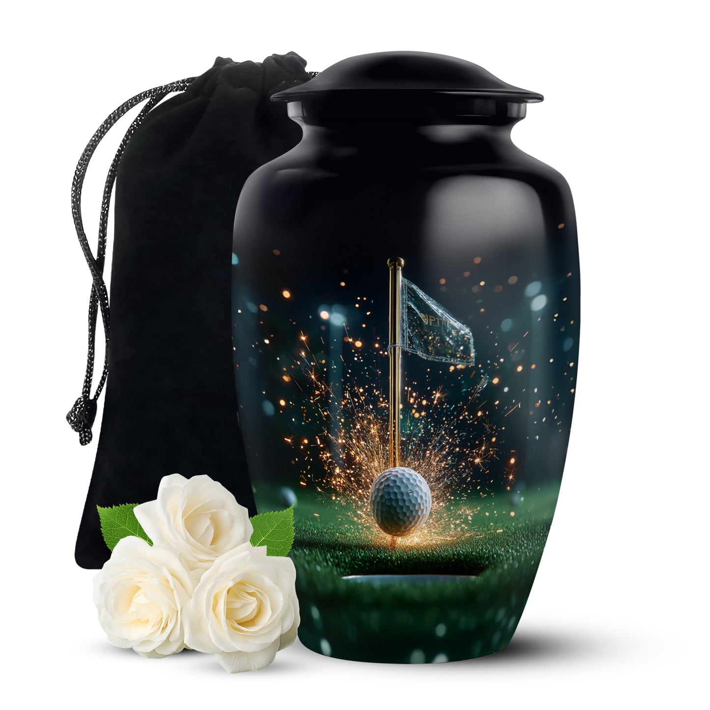 Midnight Black Golf Cremation Urn angled view of lid and engraved motif - elegant classic golf relief with fine detailing - full-size 10 inch 200 cubic inch adult cremation urn