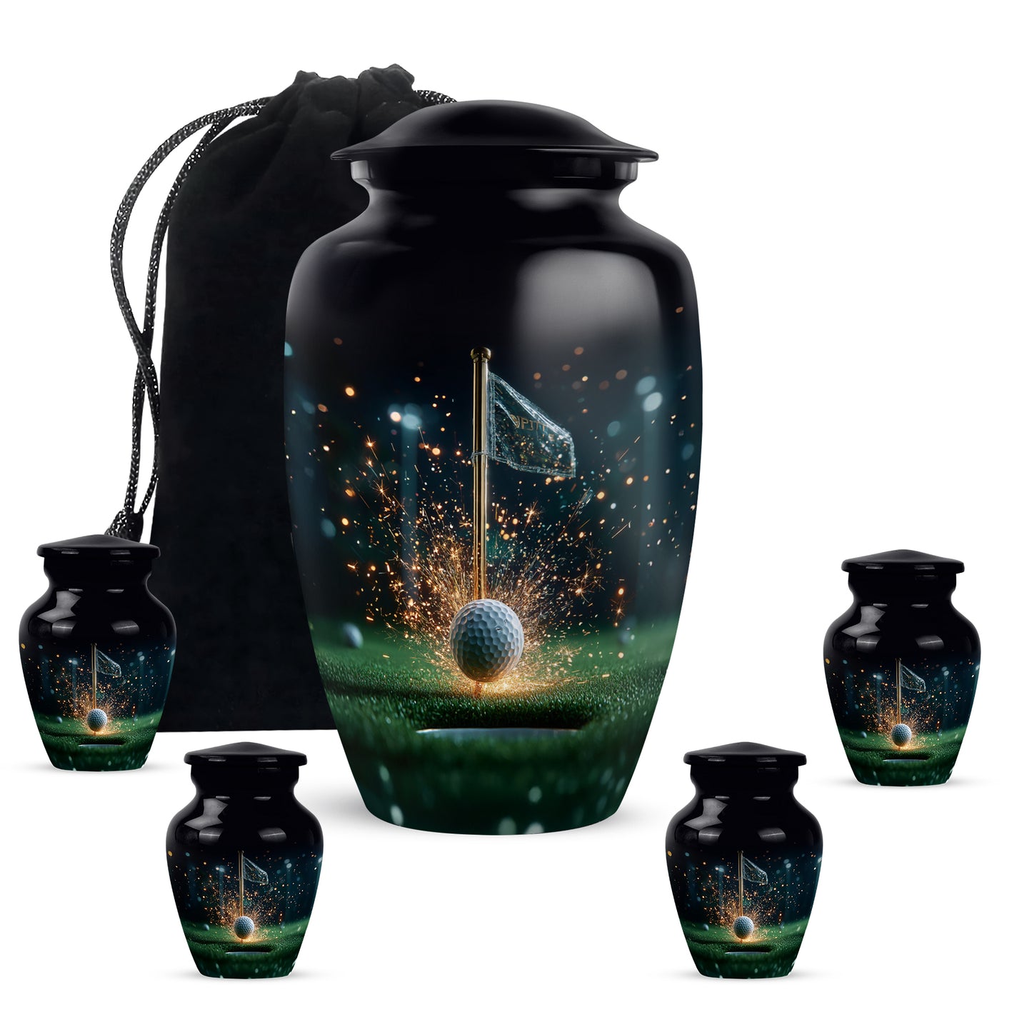 Ebony Golf Cremation Urn top-down view of secure threaded lid - classic sculpted golf pattern on smooth aluminum - memorial set with one large and four small urns