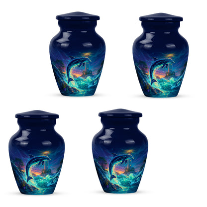 Cornflower Blue Dolphin Cremation Urn side profile showing urn shape - traditional dolphin engraving with hand-polished finish - 10 inch aluminum urn for cremated remains
