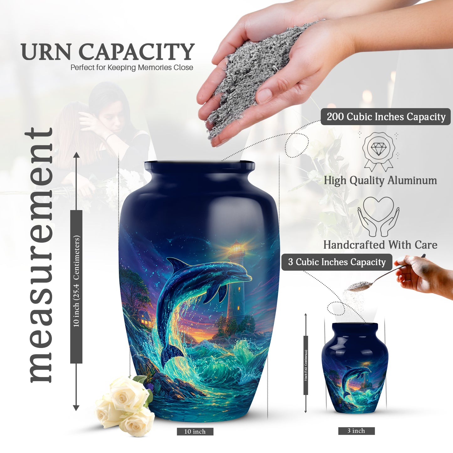Serene Blue Dolphin Cremation Urn close-up of engraving and surface detail - elegant classic dolphin relief with fine detailing - mini keepsake memorial for portion of cremation ashes