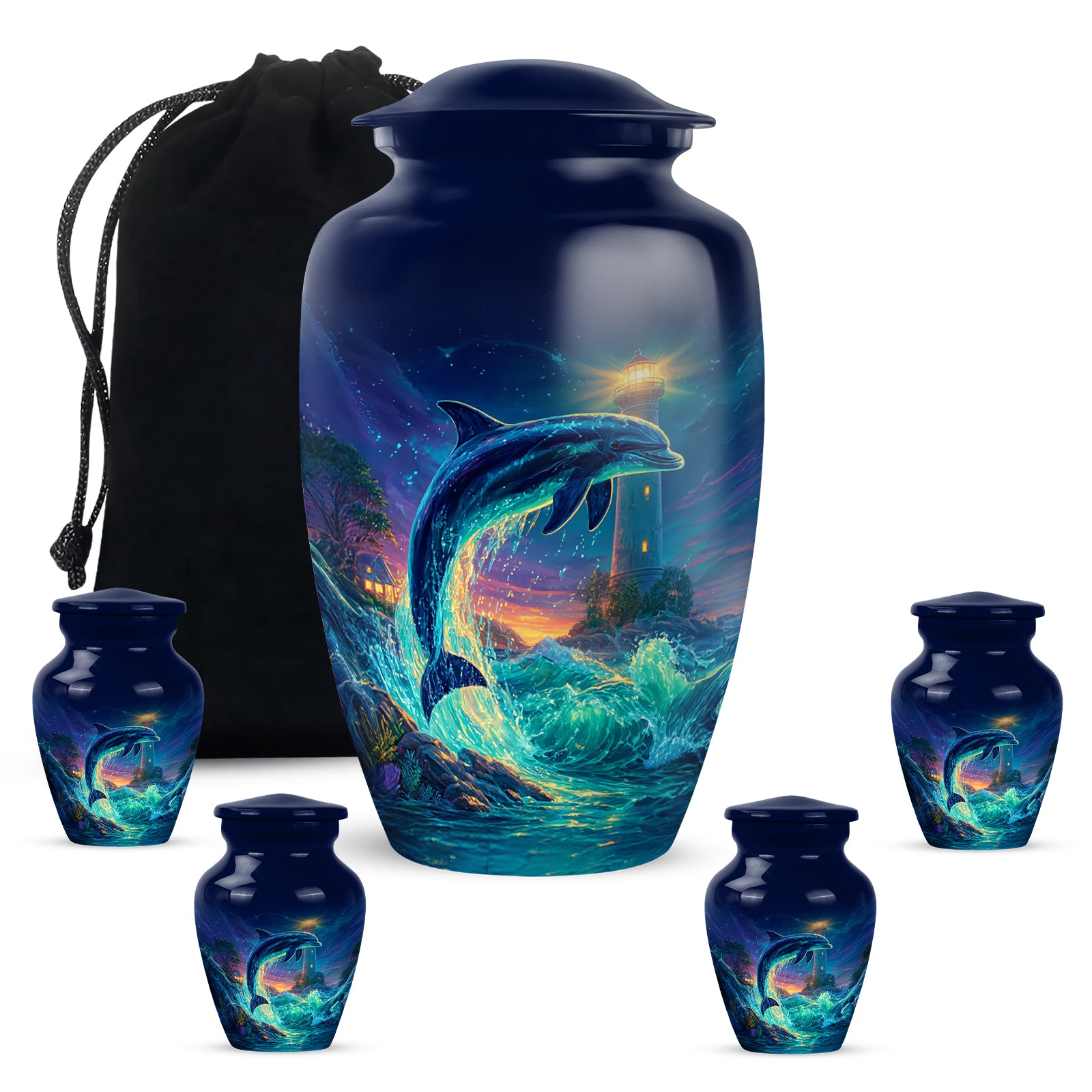 Navy Blue Dolphin Cremation Urn top-down view of secure threaded lid - timeless dolphin motif etched into premium metal - memorial set with one large and four small urns