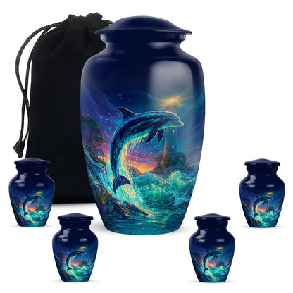 Navy Blue Dolphin Cremation Urn top-down view of secure threaded lid - timeless dolphin motif etched into premium metal - memorial set with one large and four small urns