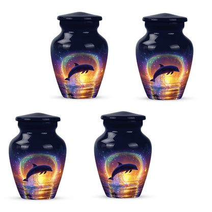 Misty Blue Dolphin Cremation Urn side profile showing urn shape - timeless dolphin motif etched into premium metal - 10 inch aluminum urn for cremated remains