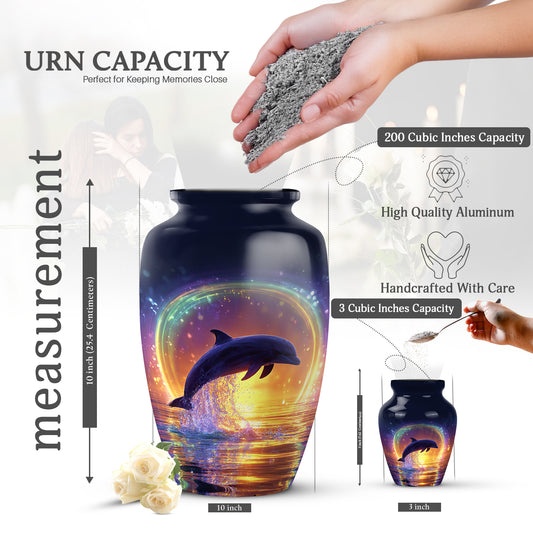 Vivid Blue Dolphin Cremation Urn close-up of engraving and surface detail - traditional dolphin engraving with hand-polished finish - mini keepsake memorial for portion of cremation ashes