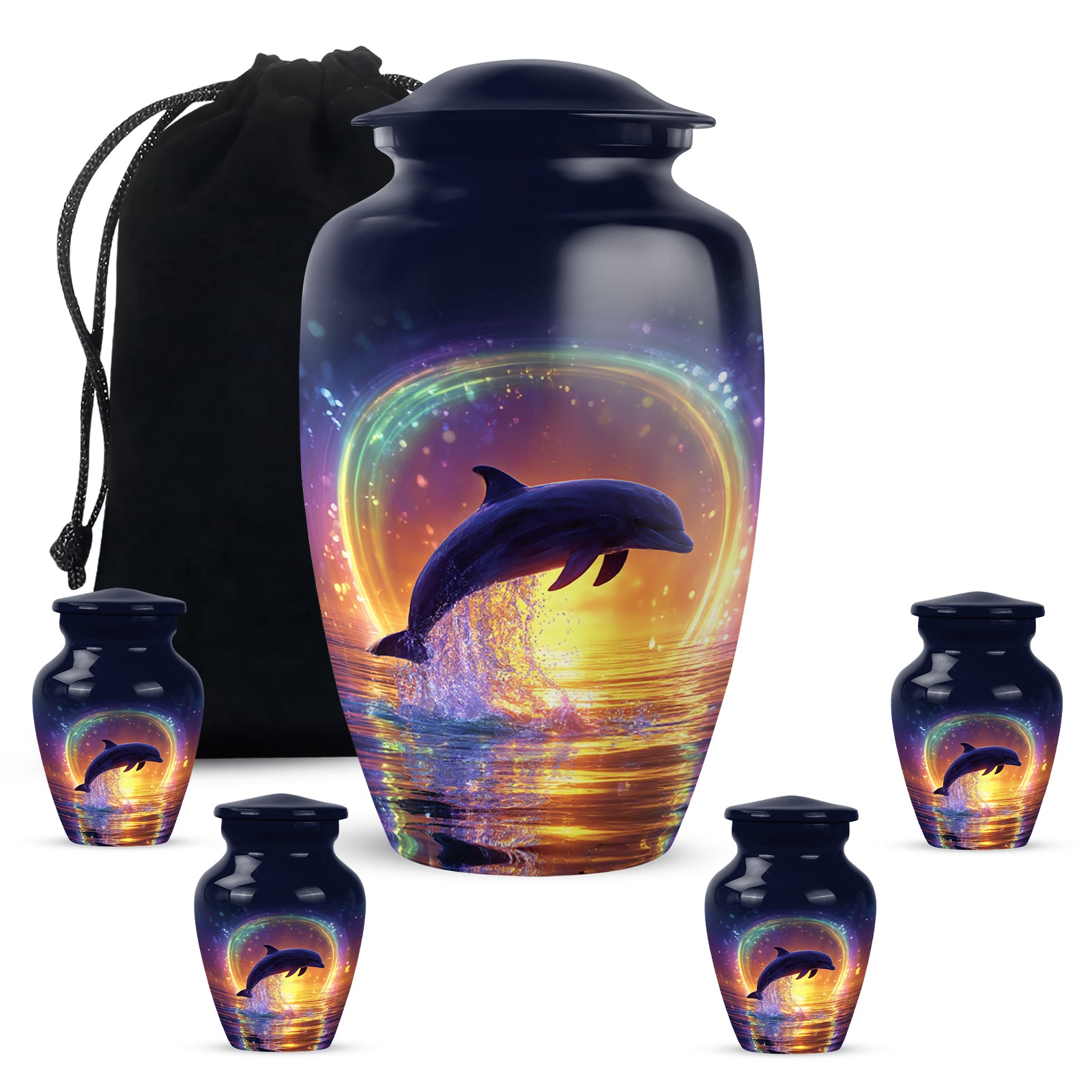 Vivid Blue Dolphin Cremation Urn top-down view of secure threaded lid - elegant classic dolphin relief with fine detailing - memorial set with one large and four small urns