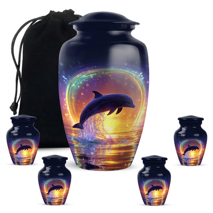 Vivid Blue Dolphin Cremation Urn top-down view of secure threaded lid - elegant classic dolphin relief with fine detailing - memorial set with one large and four small urns