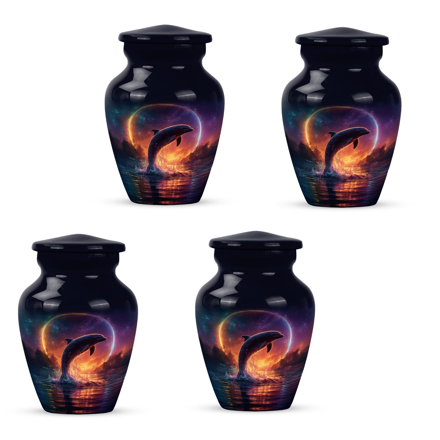 Celestial Blue Dolphin Cremation Urn side profile showing urn shape - classic sculpted dolphin pattern on smooth aluminum - 10 inch aluminum urn for cremated remains
