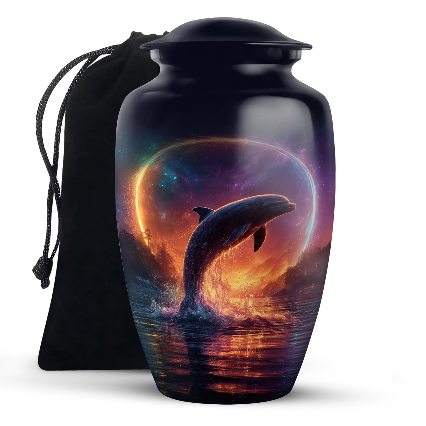 Cornflower Blue Dolphin Cremation Urn angled view of lid and engraved motif - elegant classic dolphin relief with fine detailing - full-size 10 inch 200 cubic inch adult cremation urn