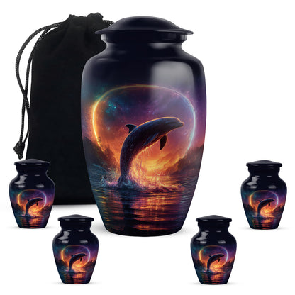Azure Dolphin Cremation Urn top-down view of secure threaded lid - timeless dolphin motif etched into premium metal - memorial set with one large and four small urns