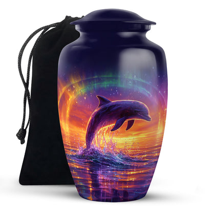 Indigo Dolphin Cremation Urn angled view of lid and engraved motif - timeless dolphin motif etched into premium metal - full-size 10 inch 200 cubic inch adult cremation urn