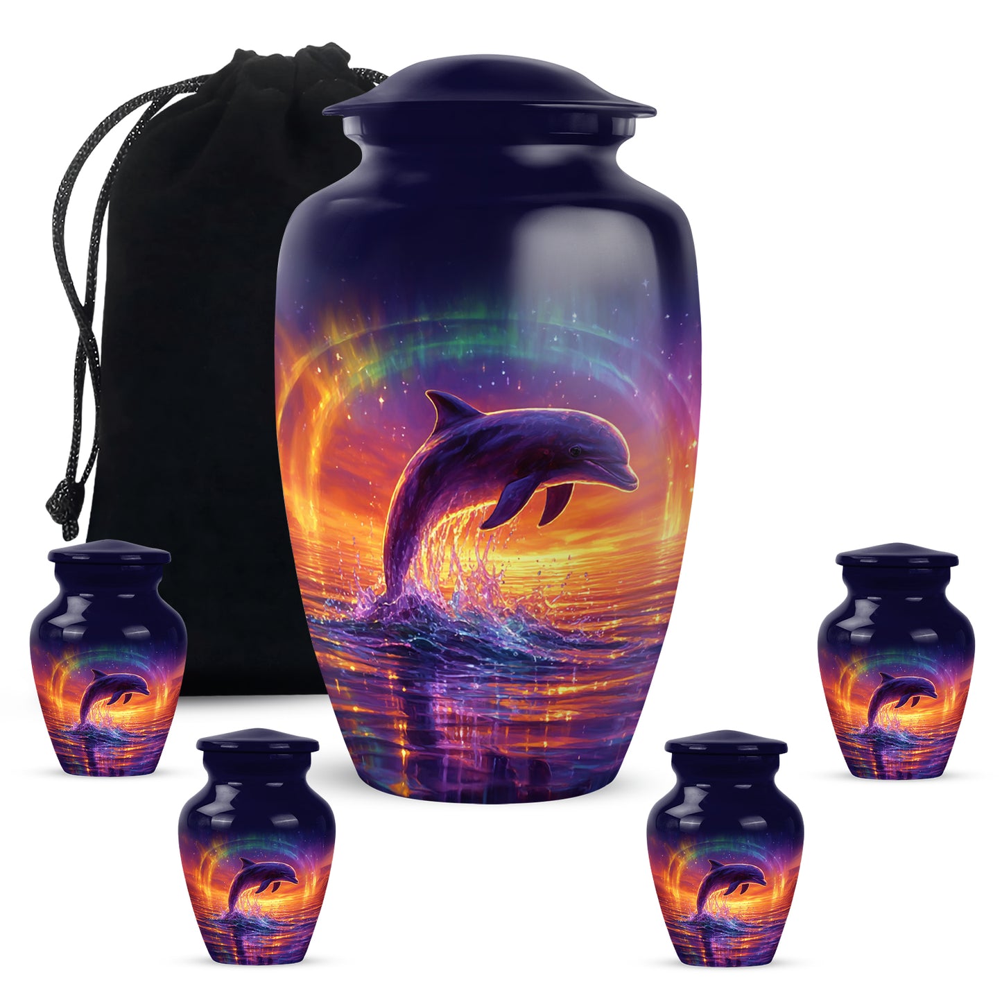 Navy Blue Dolphin Cremation Urn top-down view of secure threaded lid - classic sculpted dolphin pattern on smooth aluminum - memorial set with one large and four small urns