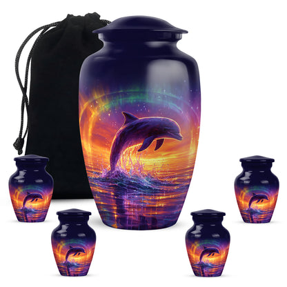 Navy Blue Dolphin Cremation Urn top-down view of secure threaded lid - classic sculpted dolphin pattern on smooth aluminum - memorial set with one large and four small urns