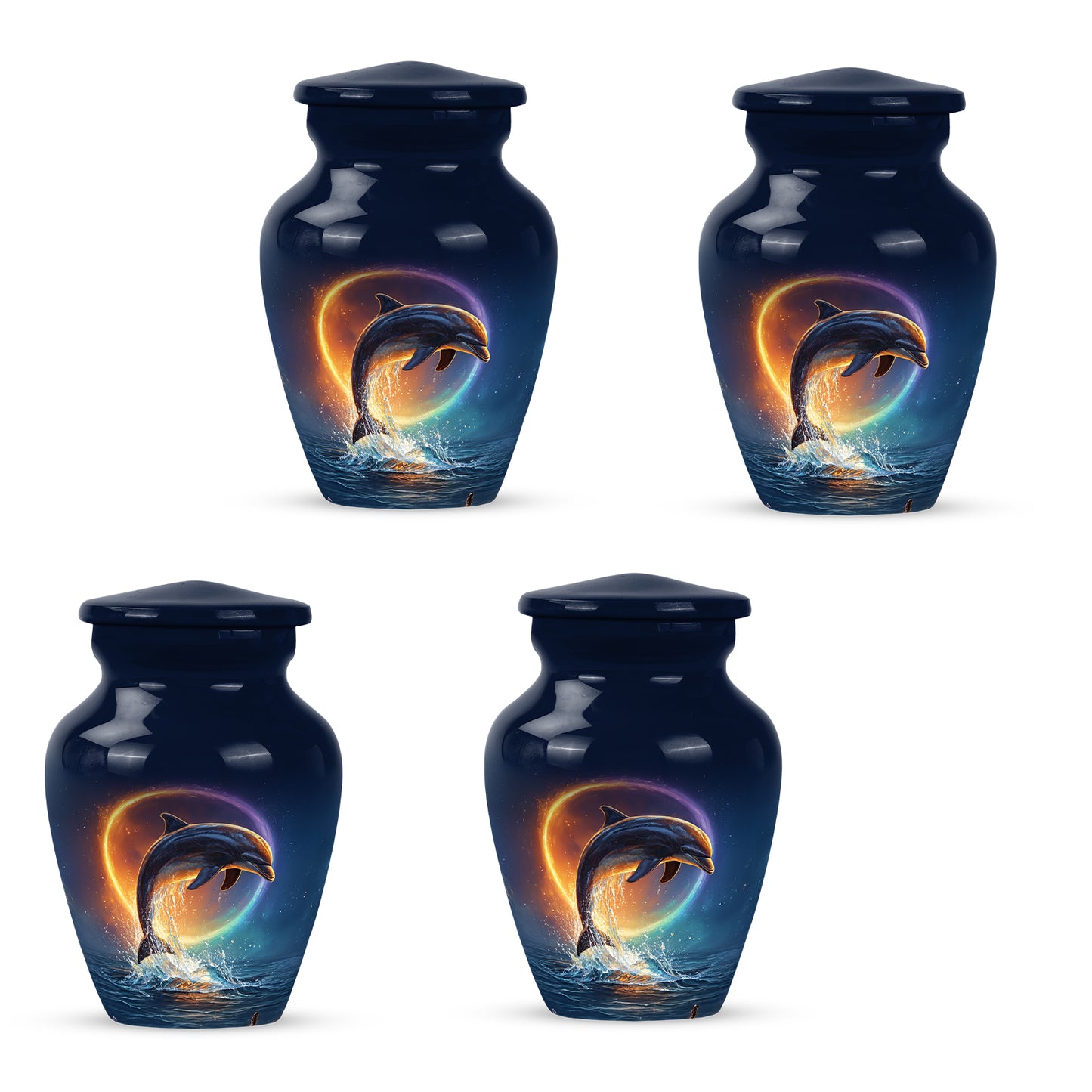 Slate Blue Dolphin Cremation Urn side profile showing urn shape - timeless dolphin motif etched into premium metal - 10 inch aluminum urn for cremated remains