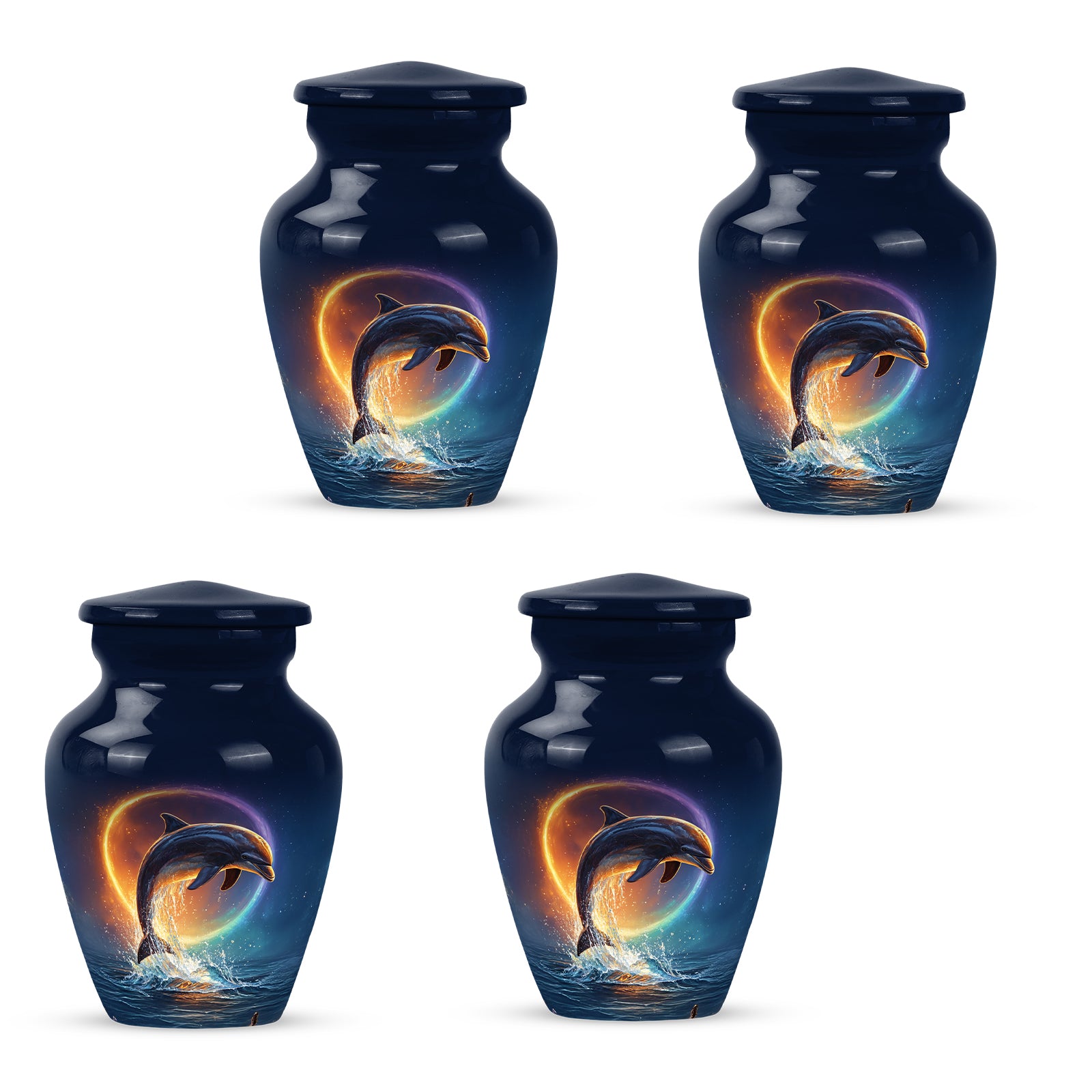 Slate Blue Dolphin Cremation Urn side profile showing urn shape - timeless dolphin motif etched into premium metal - 10 inch aluminum urn for cremated remains