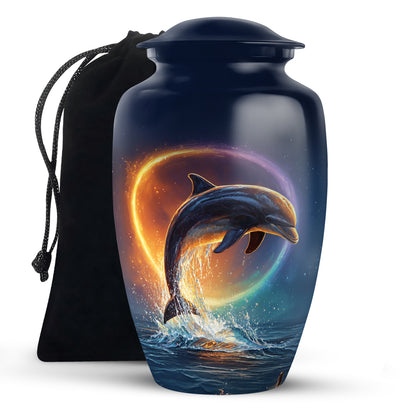 Misty Blue Dolphin Cremation Urn angled view of lid and engraved motif - classic sculpted dolphin pattern on smooth aluminum - full-size 10 inch 200 cubic inch adult cremation urn